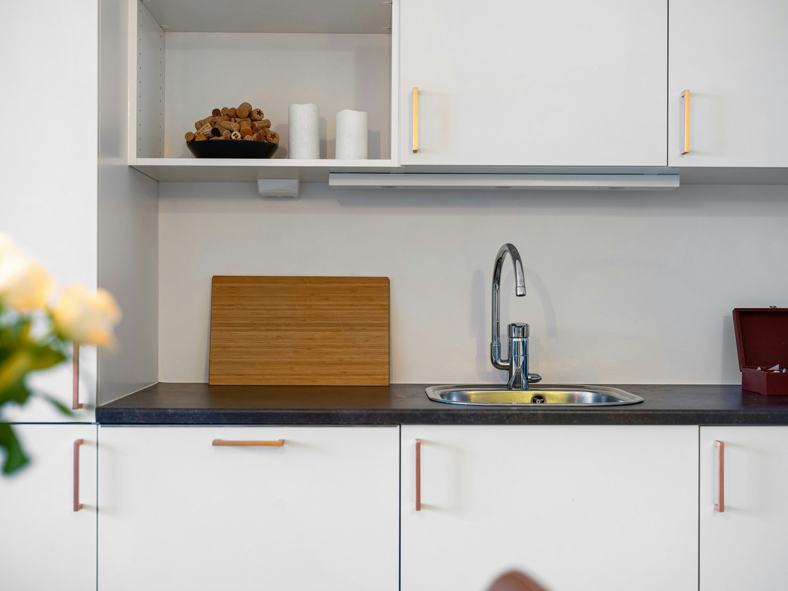 Natron und Essig neben einer Küchenspüle